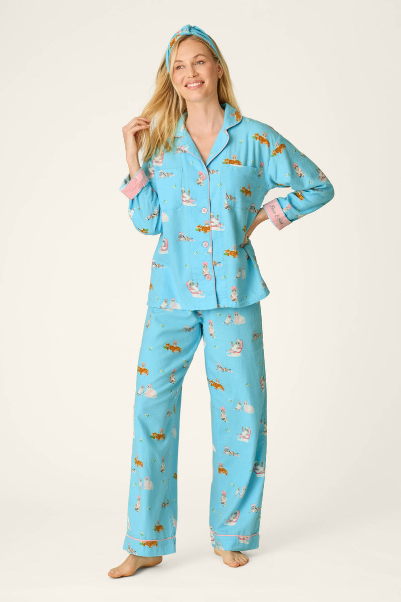 Pampered Cat Print 3-Piece Long Sleeve Flannel PJ Set