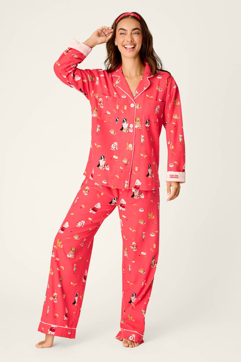 Dogs Who Brunch Print 3-Piece Long Sleeve Flannel PJ Set