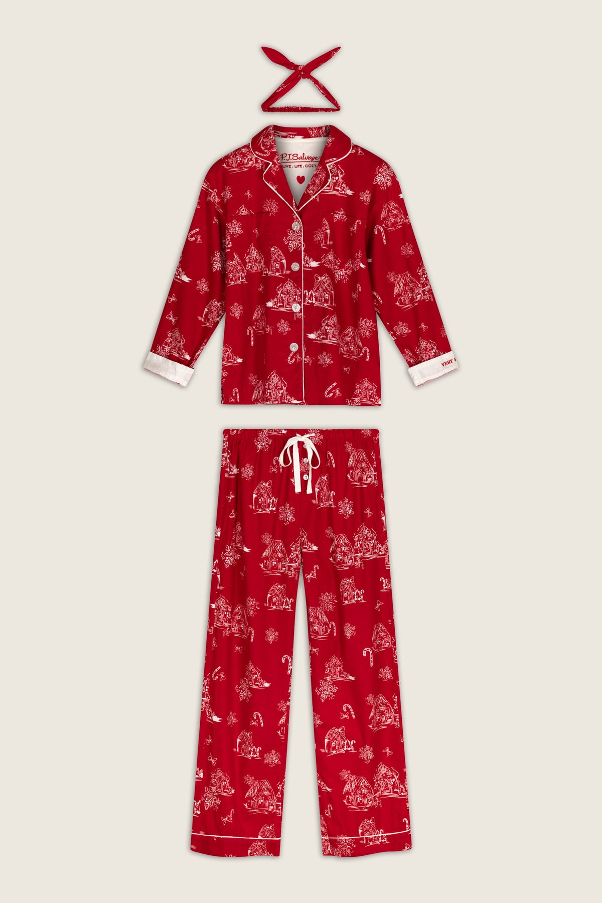 Candy Cane Cottage Gingerbread House Print Flannel 3-Piece PJ Set