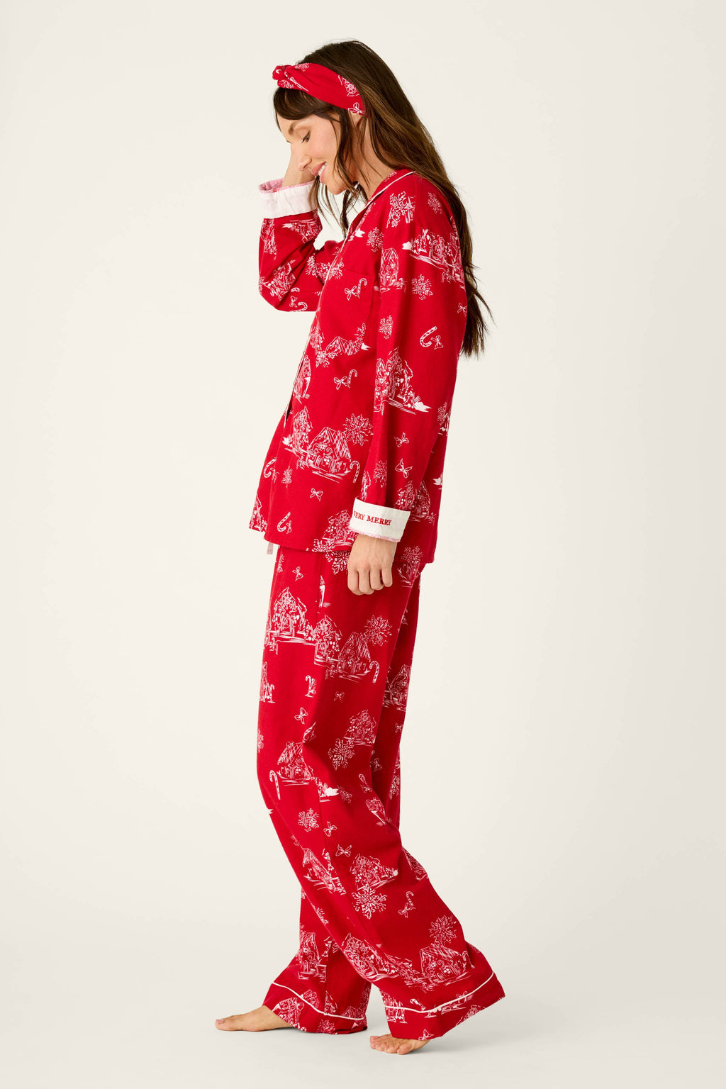 Candy Cane Cottage Gingerbread House Print Flannel 3-Piece PJ Set