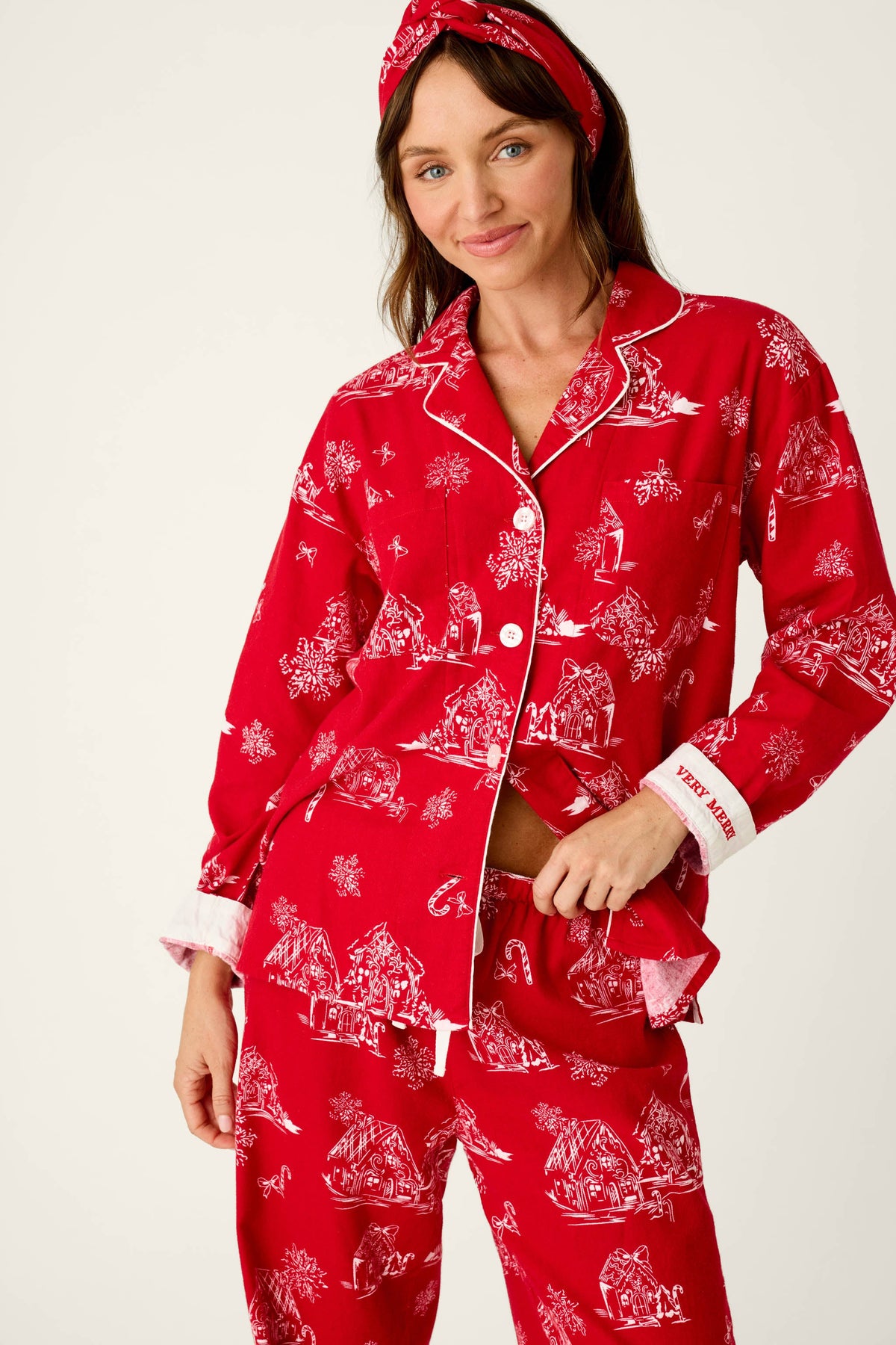 Candy Cane Cottage Gingerbread House Print Flannel 3-Piece PJ Set