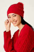 Cozy Chenille Cable Knit Red Beanie With Pom-Pom