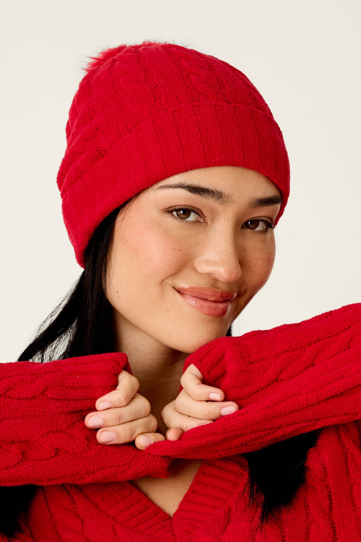 Cozy Chenille Cable Knit Red Beanie With Pom-Pom