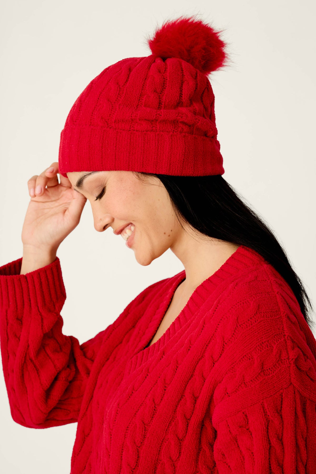 Cozy Chenille Cable Knit Red Beanie With Pom-Pom
