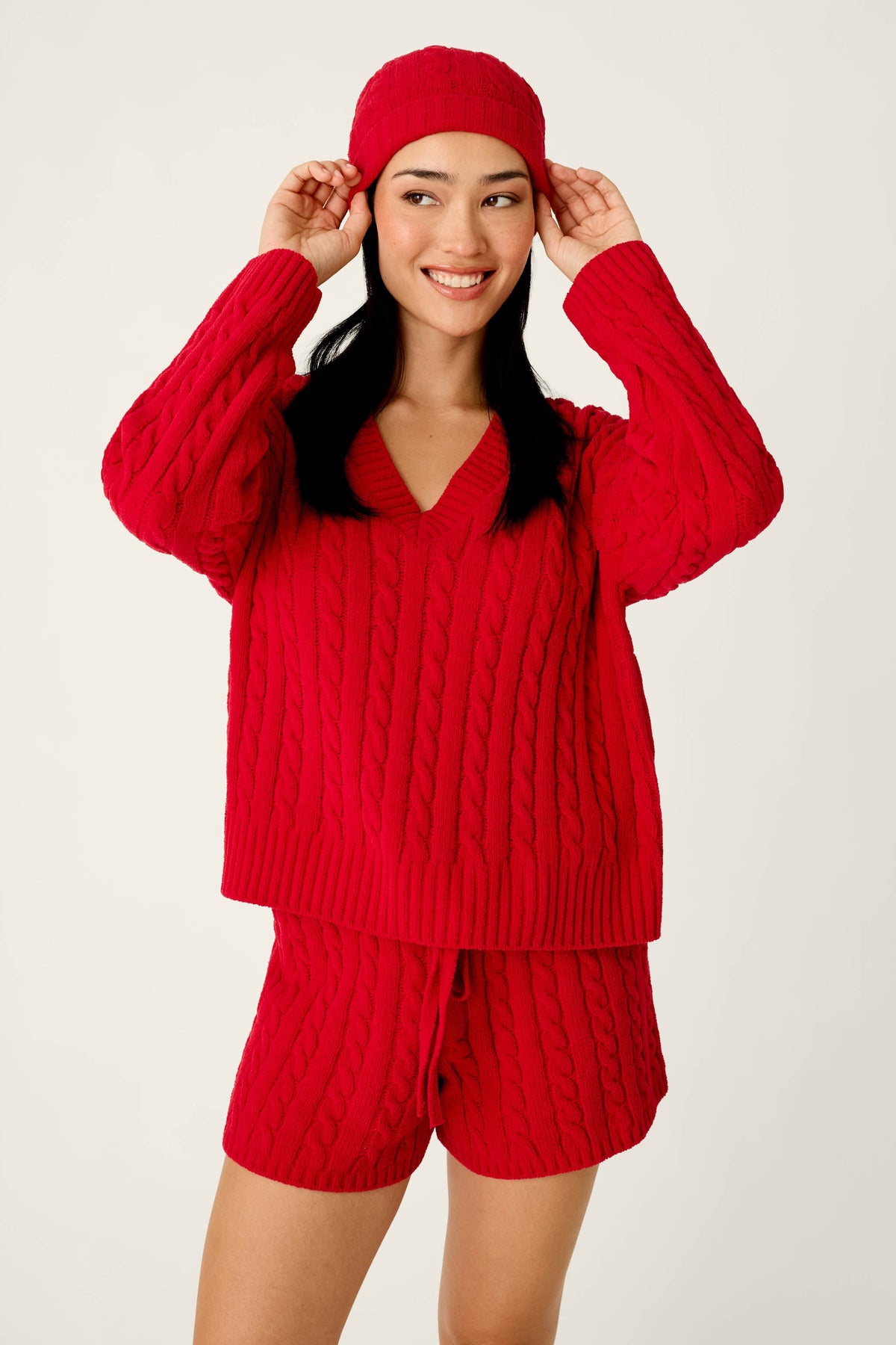 Cozy Chenille Cable Knit Red Beanie With Pom-Pom