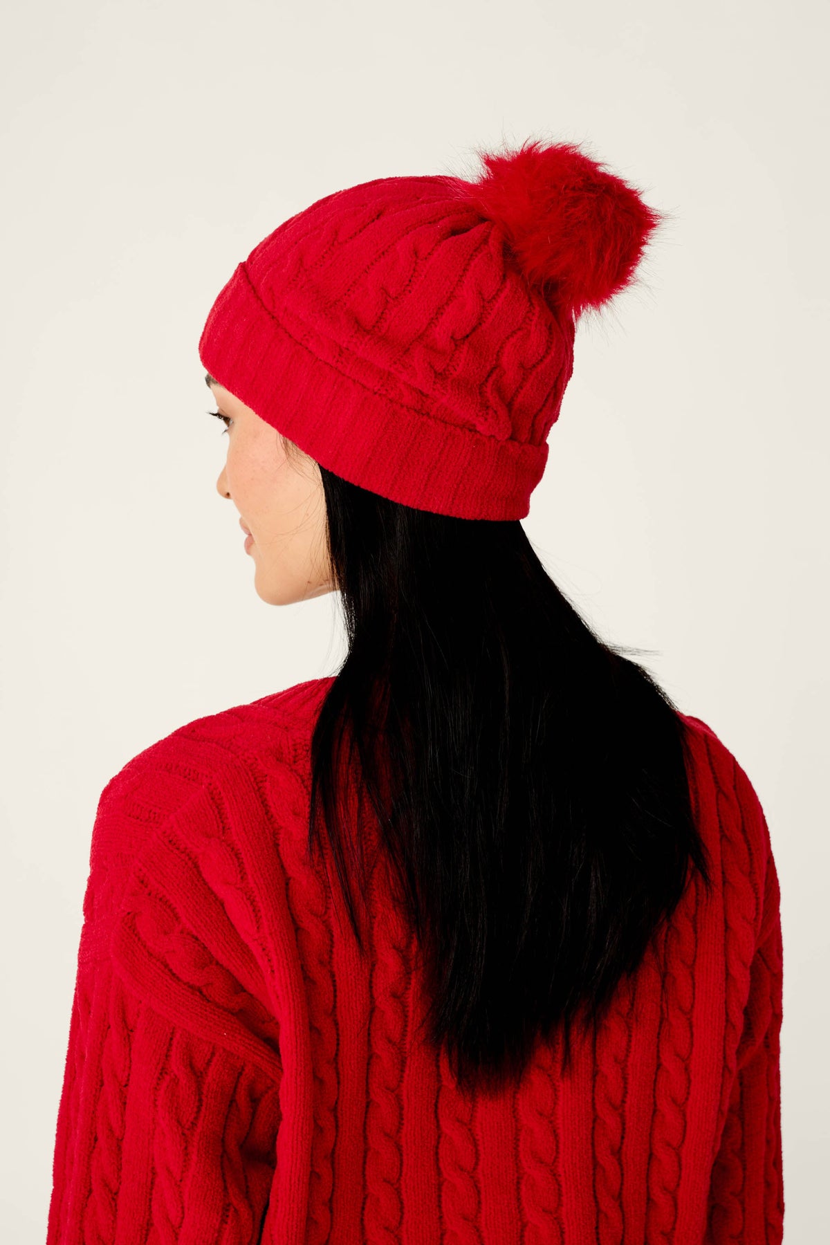 Cozy Chenille Cable Knit Red Beanie With Pom-Pom
