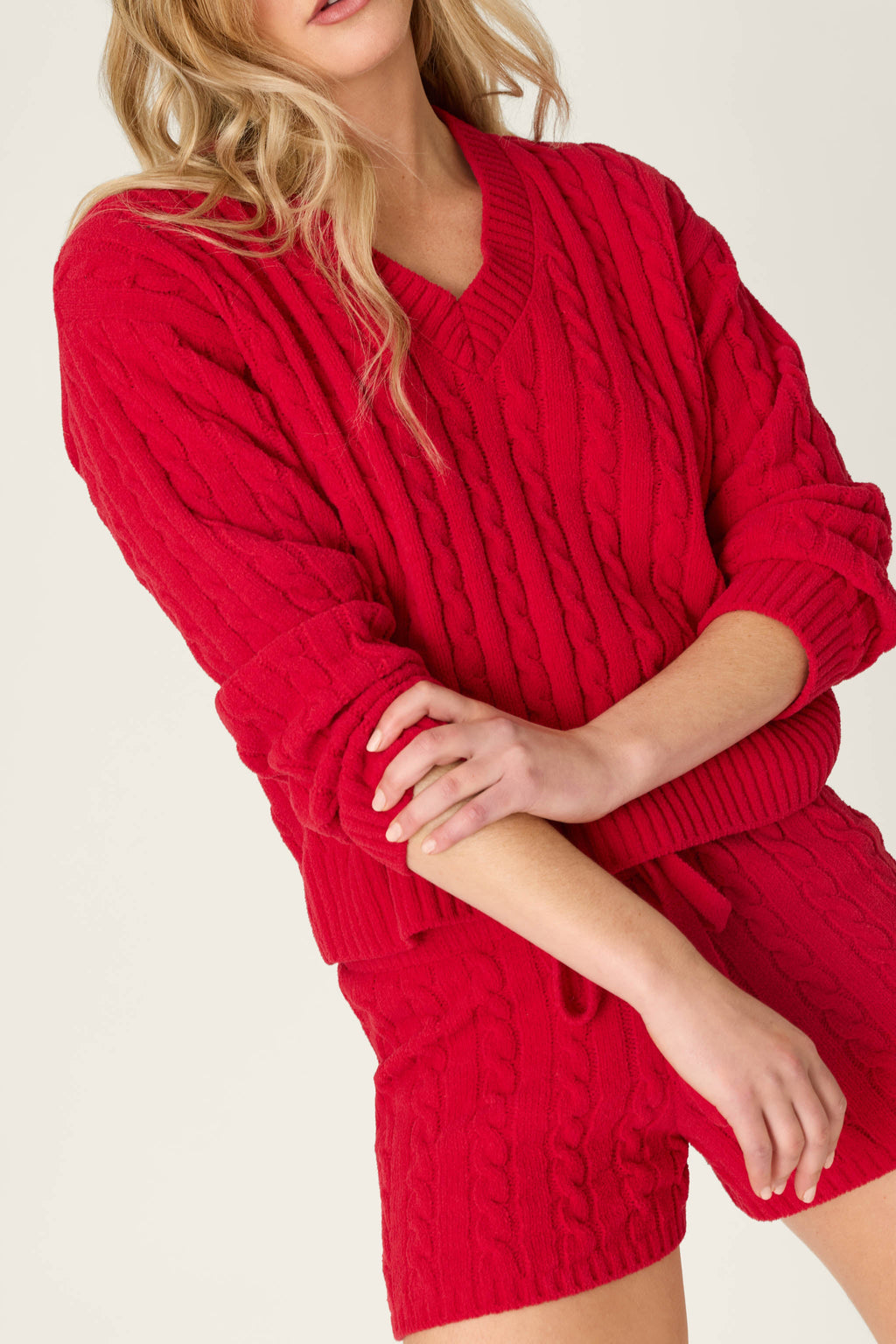 Cozy Chenille Cable Knit Red V-Neck Sweater