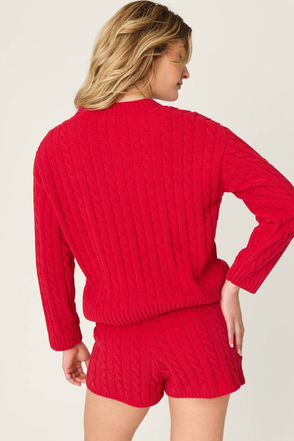 Cozy Chenille Cable Knit Red V-Neck Sweater