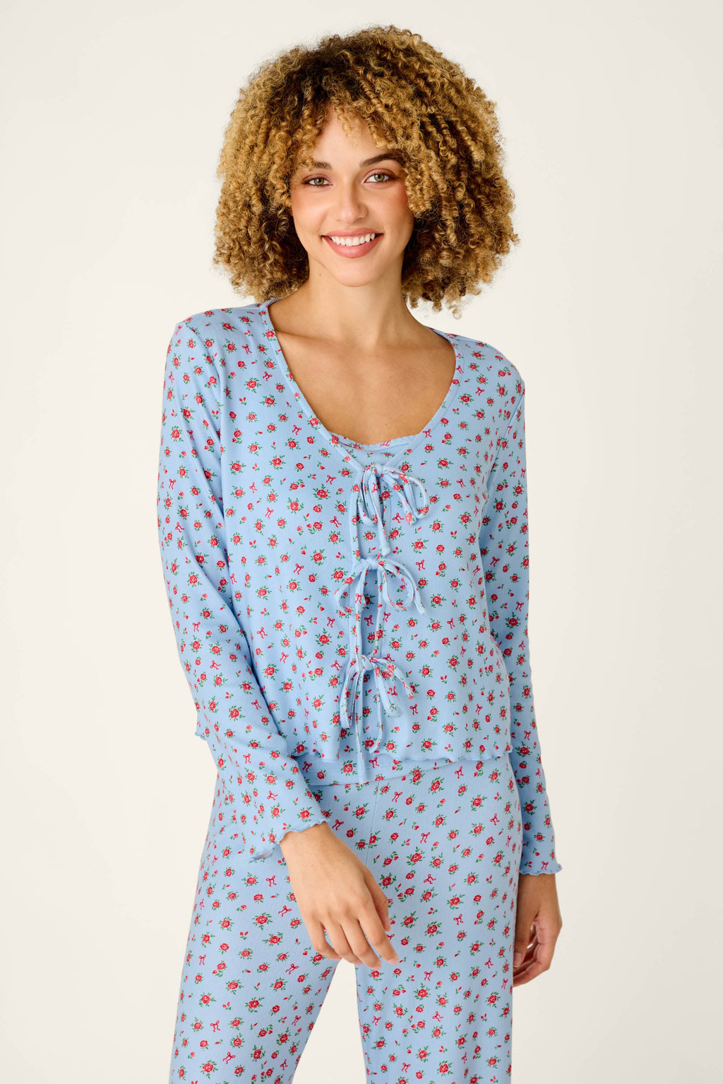 Festive Florals Blue Floral Print Tie-Front Top