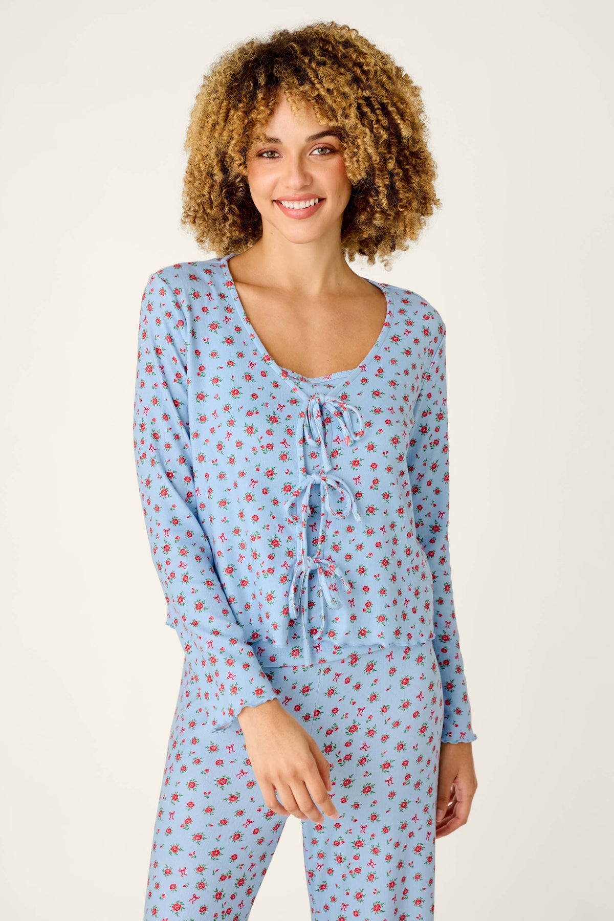 Festive Florals Blue Floral Print Tie-Front Top