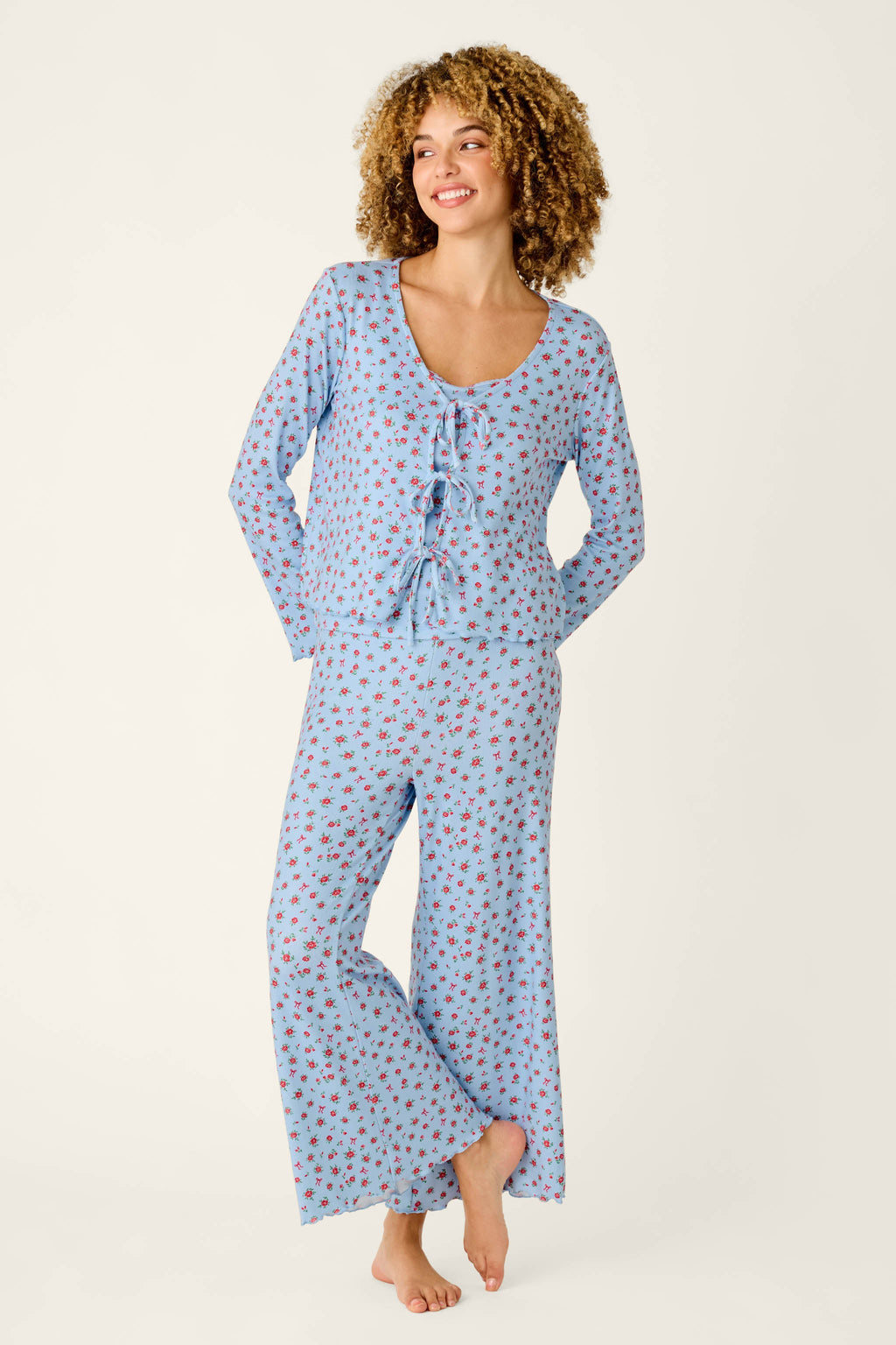 Festive Florals Blue Floral Print Tie-Front Top