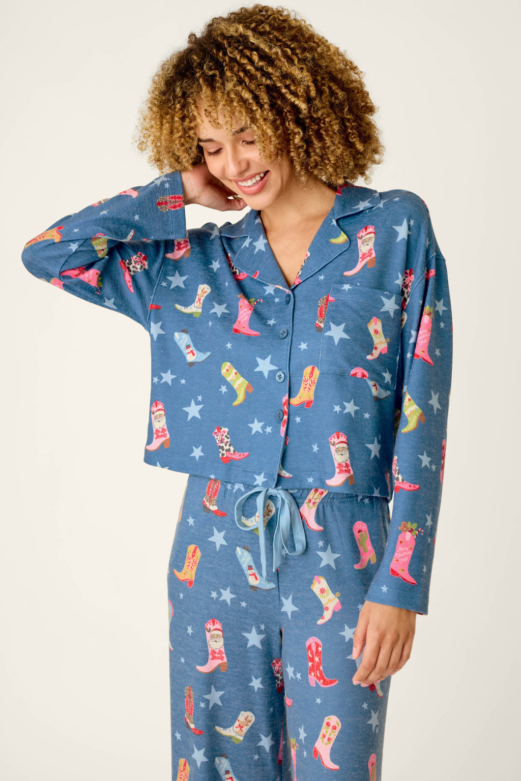 Howdy Holidays Cowboy Boots & Star Print Button Front Top