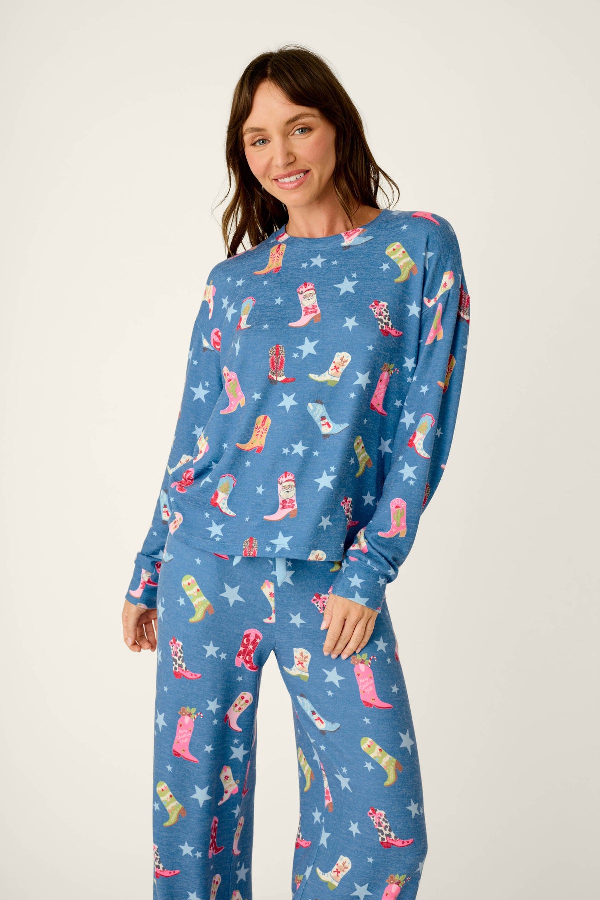 Howdy Holidays Cowboy Boots & Star Print Long Sleeve PJ Set
