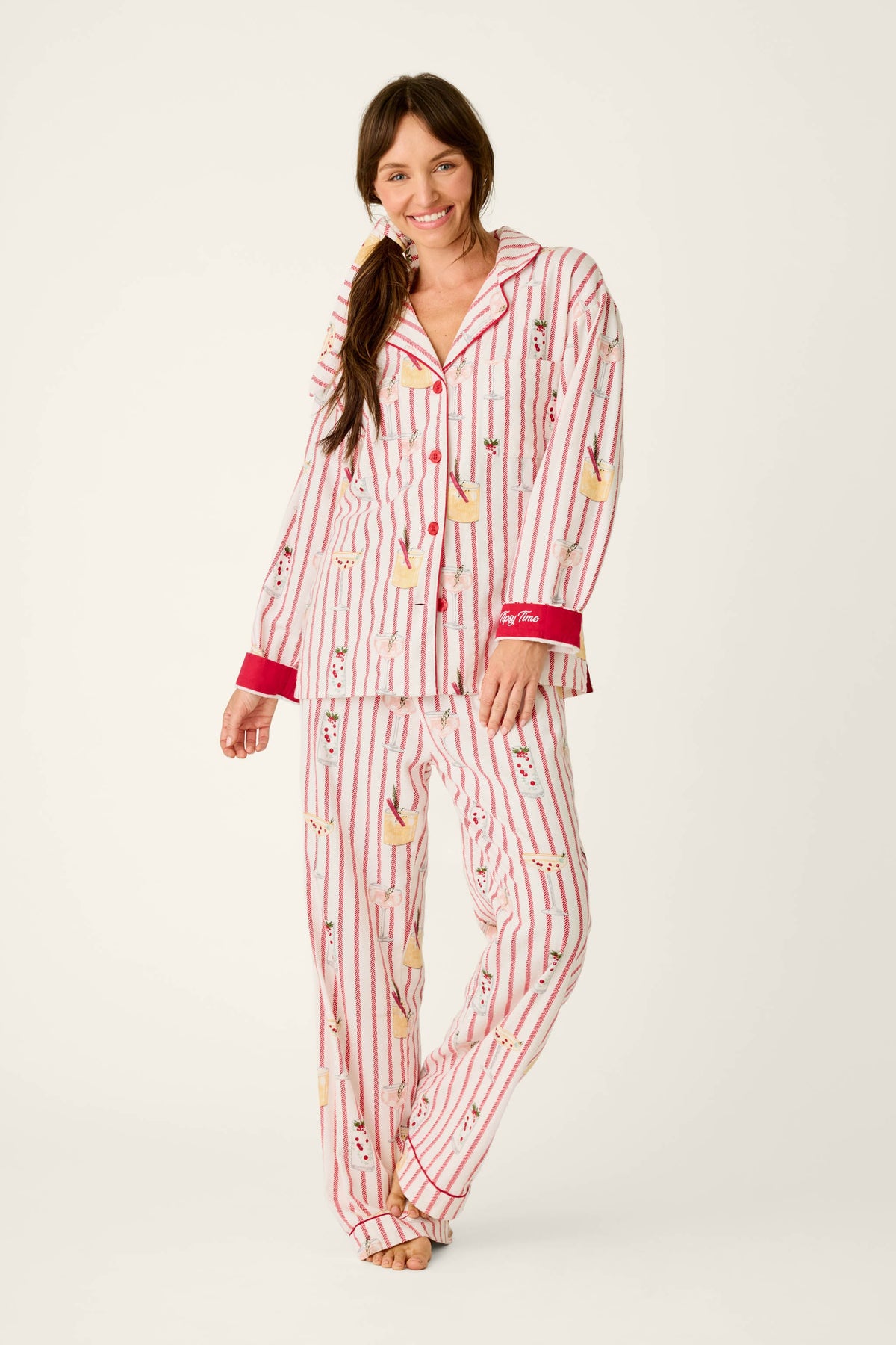 Martinis & Mistletoe Cocktail Print Flannel 3-Piece PJ Set