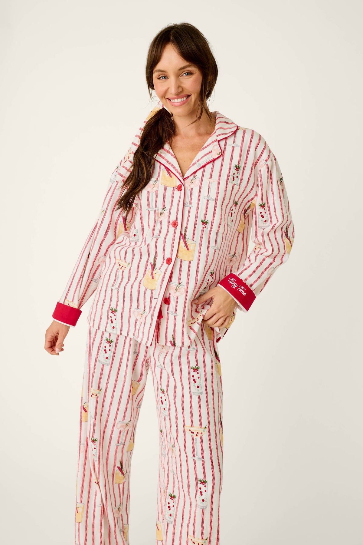 Martinis & Mistletoe Cocktail Print Flannel 3-Piece PJ Set
