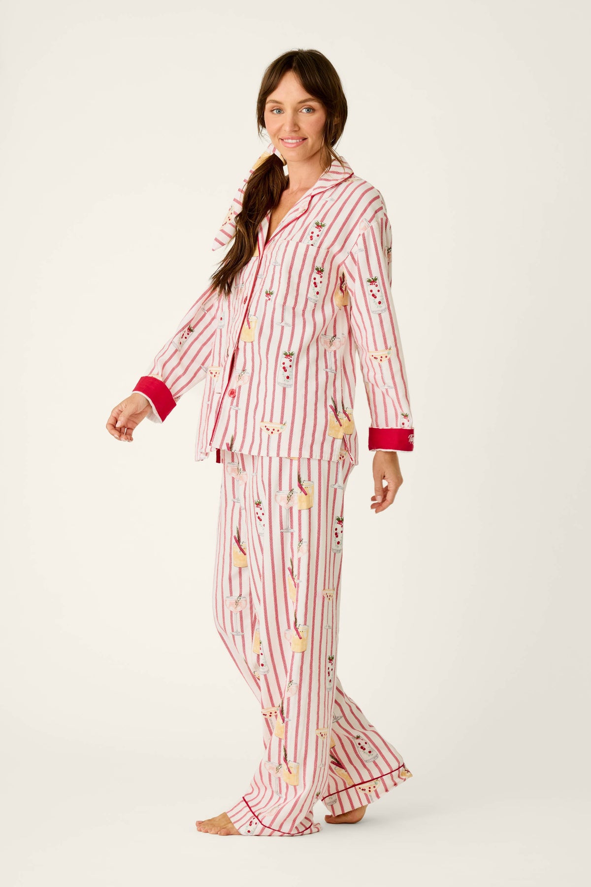 Martinis & Mistletoe Cocktail Print Flannel 3-Piece PJ Set