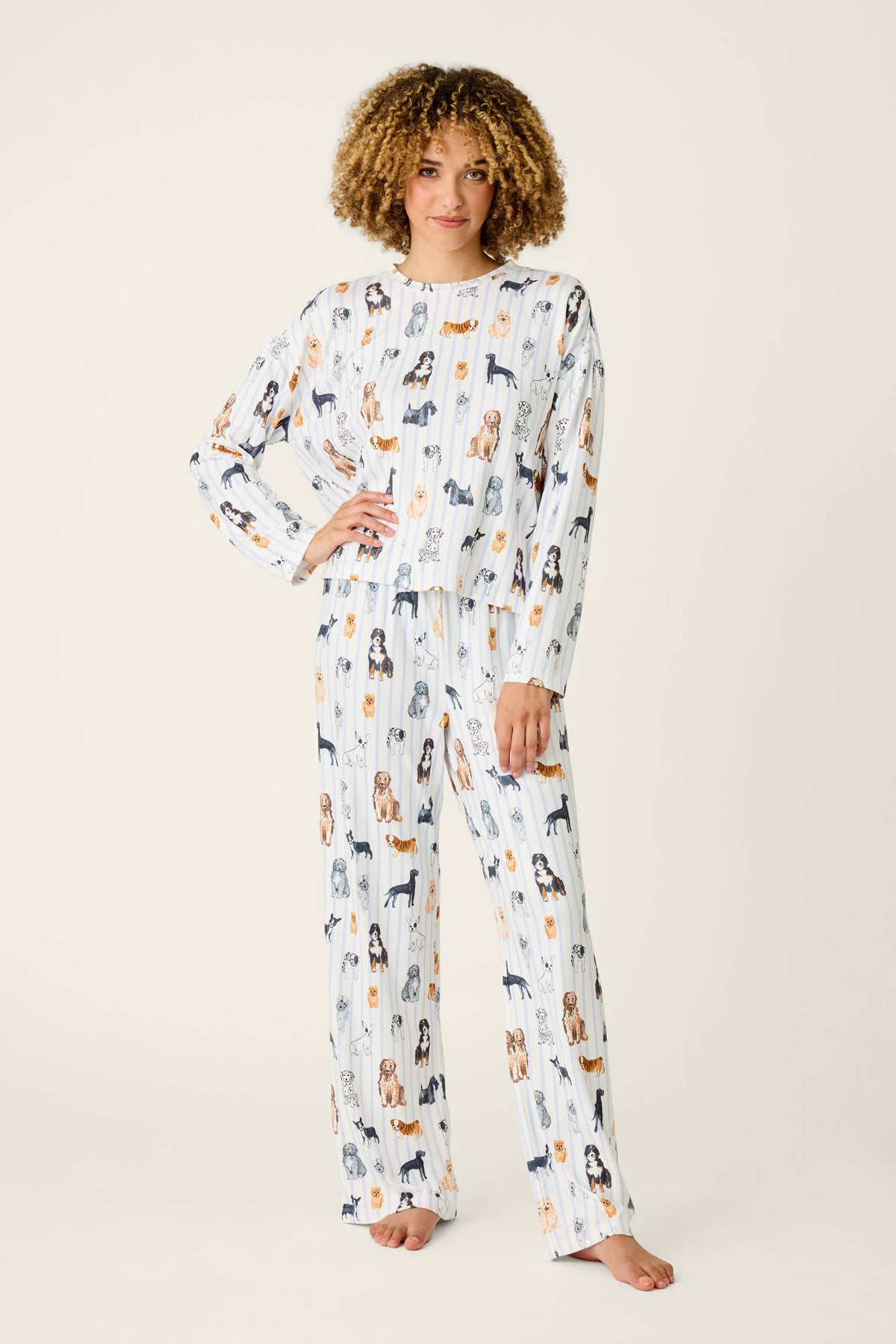 Happy Tails Dog & Stripe Print Long Sleeve PJ Set