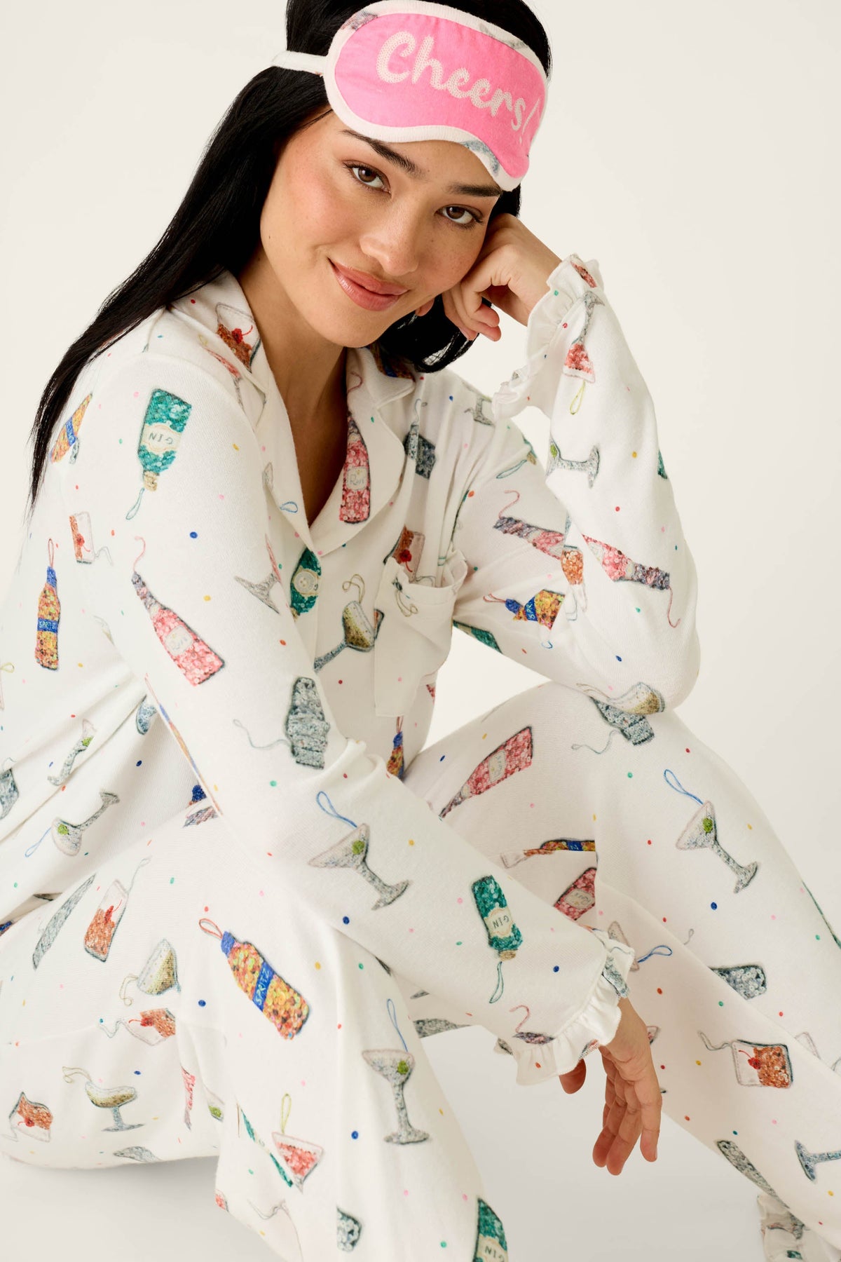 Sip Sip Sparkle Cocktail Charms Print 3-Piece PJ Set