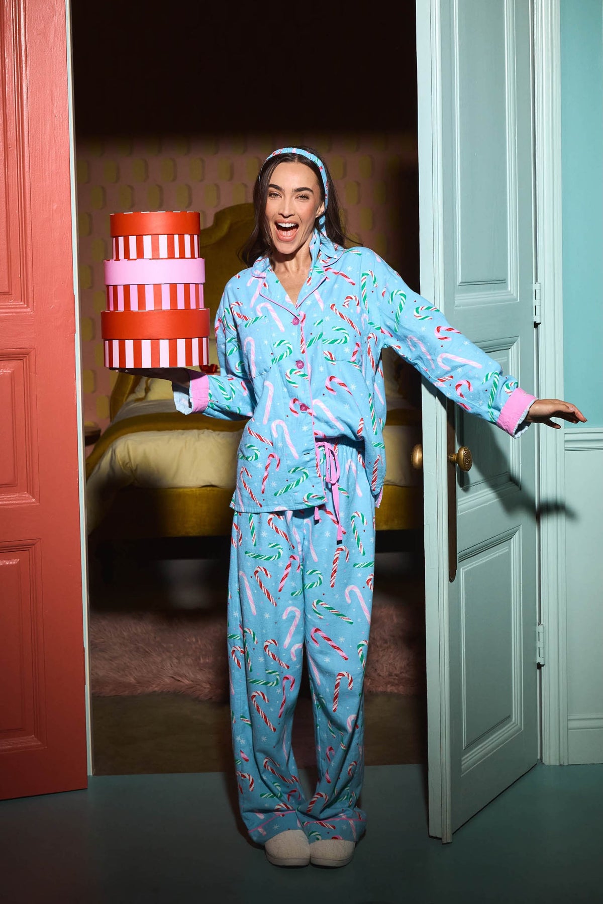 The Sweetest Season Candy Cane Print Flannel 3-Piece PJ Set