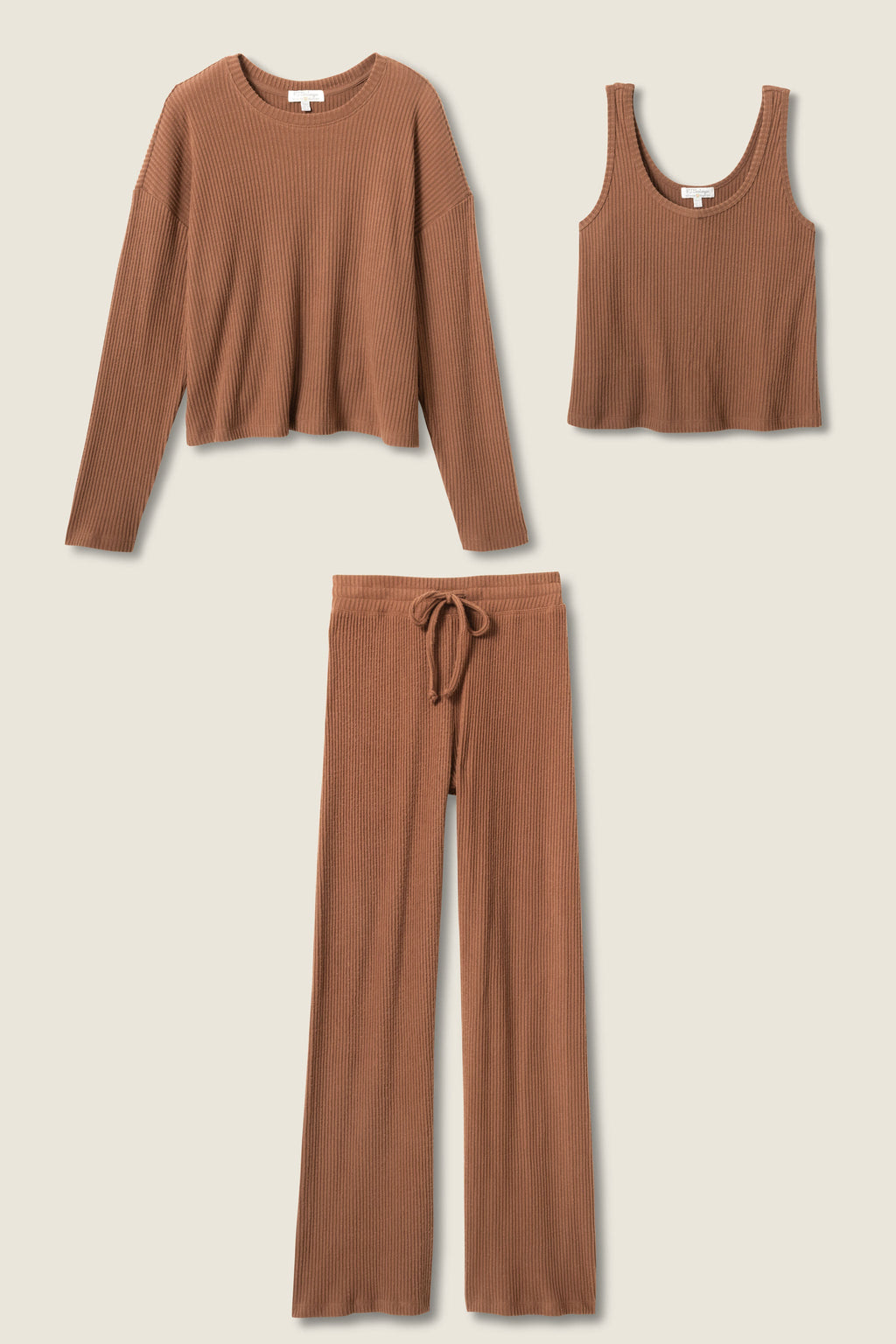 3-Piece Luxe Ribbed Brown PJ Set