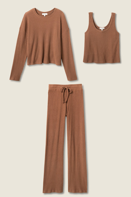 3-Piece Luxe Ribbed Brown PJ Set
