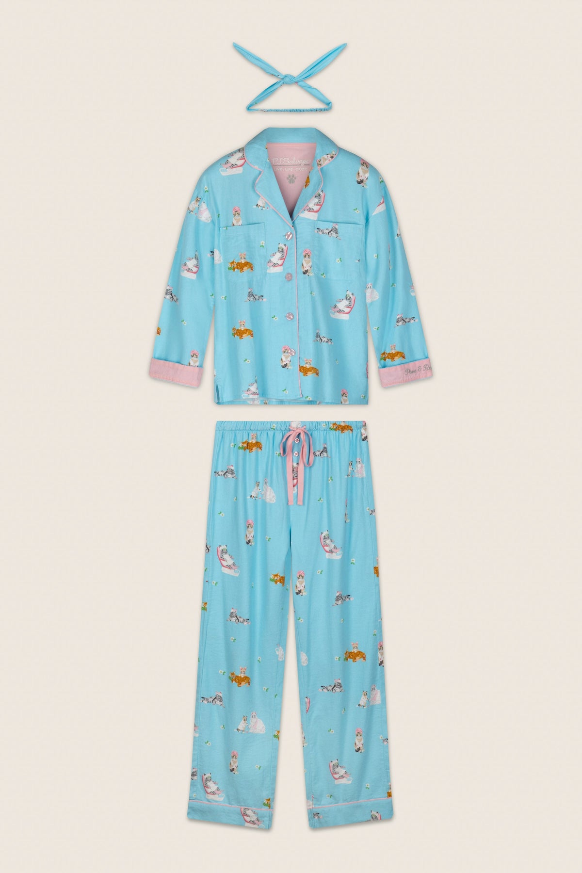 Pampered Cat Print 3-Piece Long Sleeve Flannel PJ Set