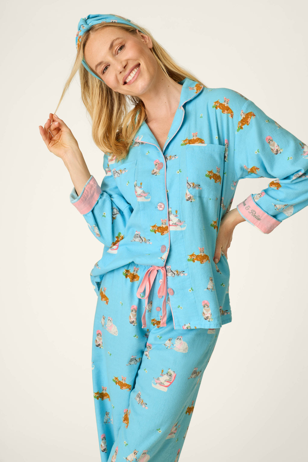 Pampered Cat Print 3-Piece Long Sleeve Flannel PJ Set