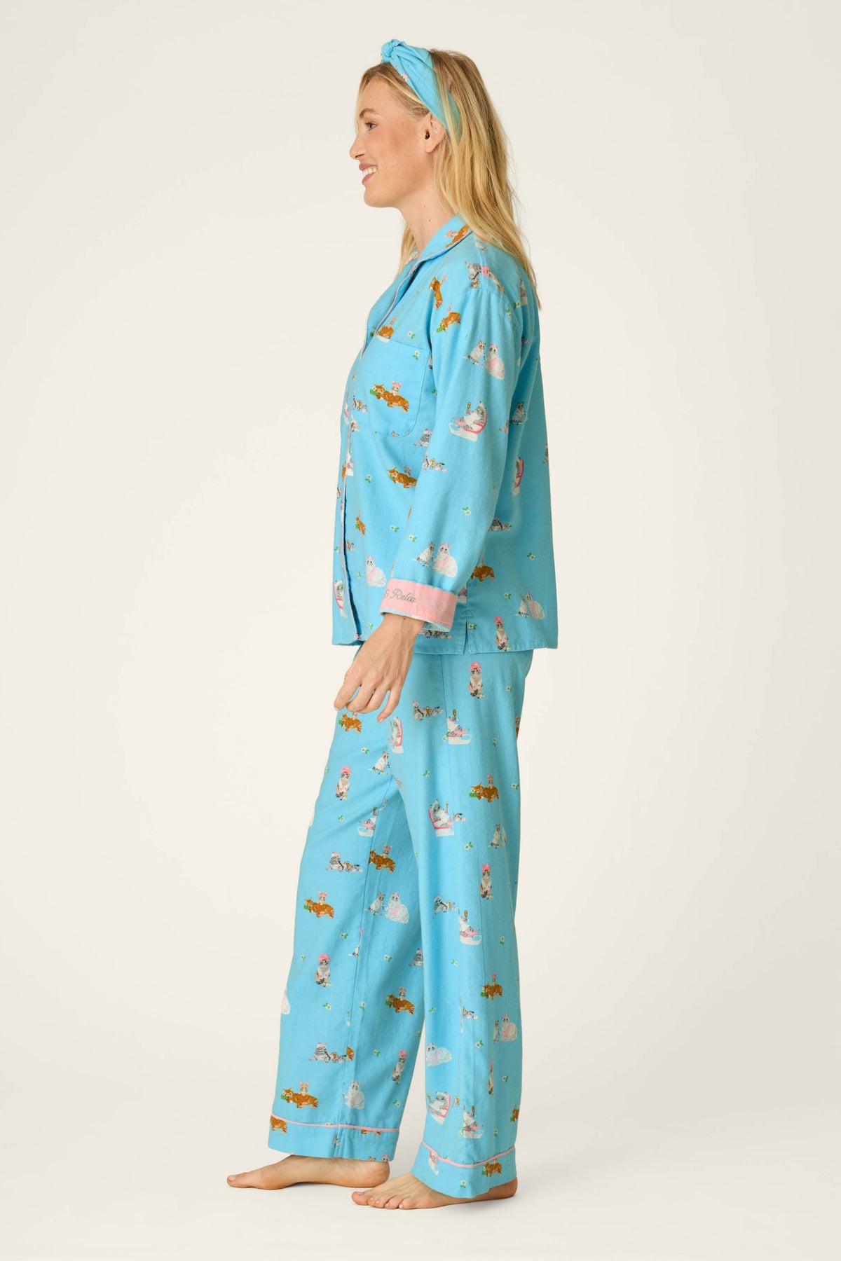 Pampered Cat Print 3-Piece Long Sleeve Flannel PJ Set