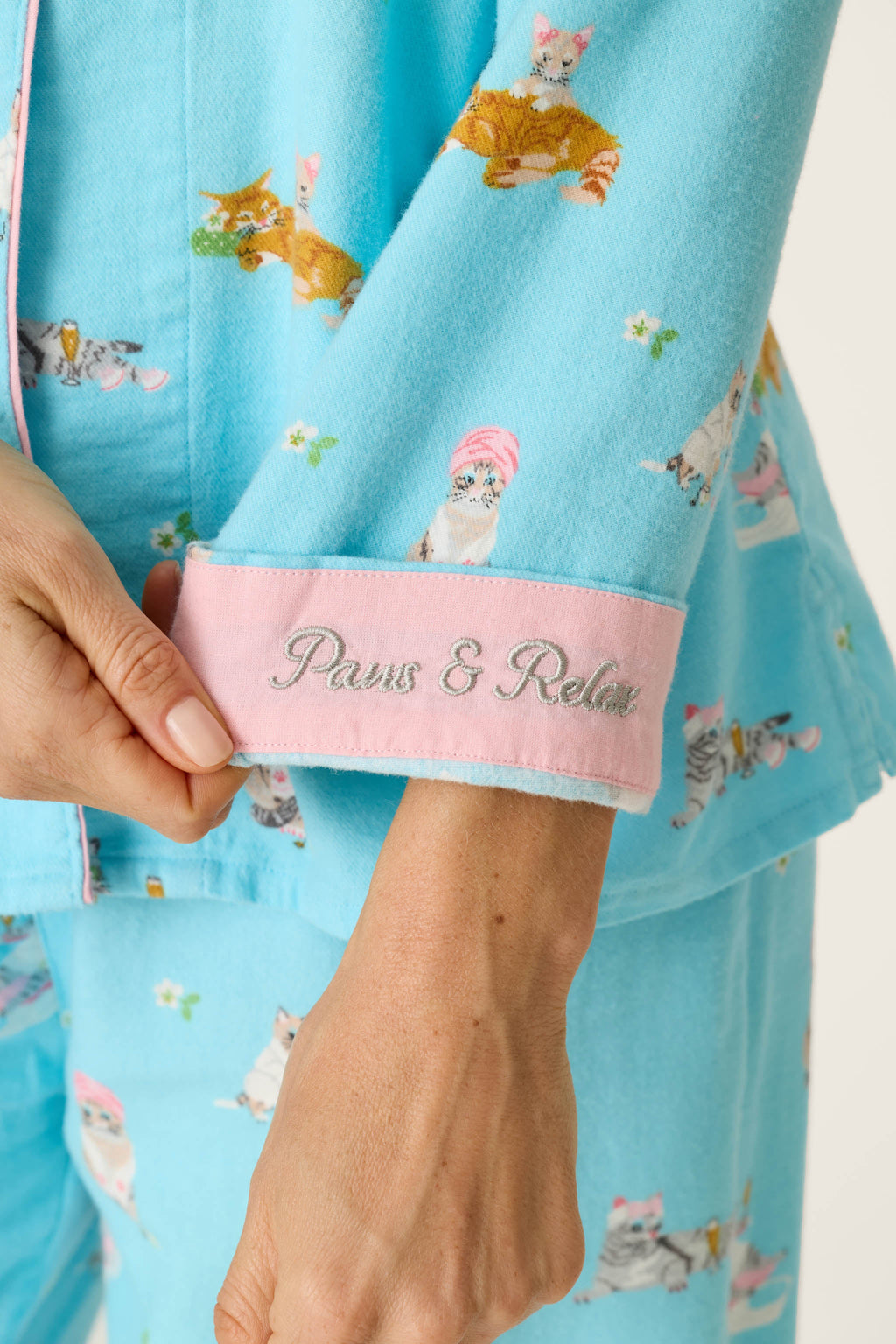 Pampered Cat Print 3-Piece Long Sleeve Flannel PJ Set