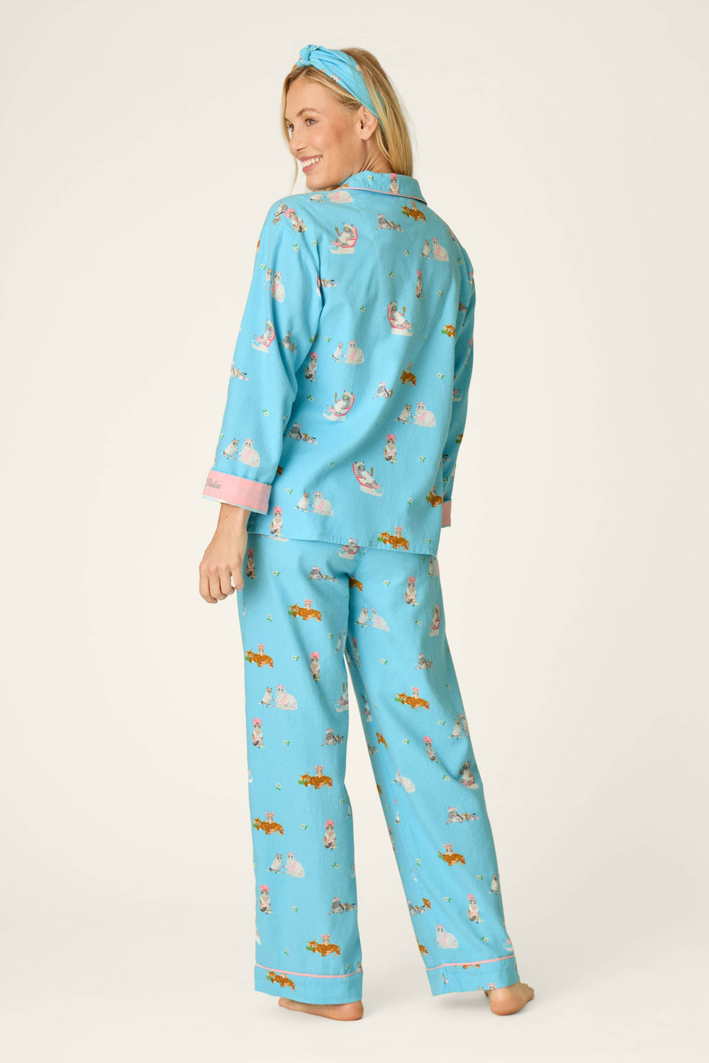 Pampered Cat Print 3-Piece Long Sleeve Flannel PJ Set