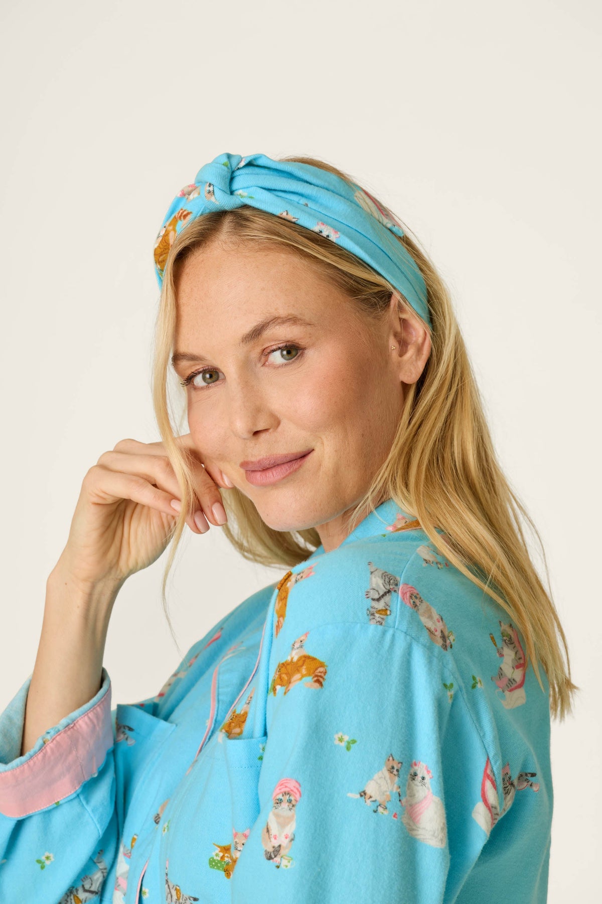 Pampered Cat Print 3-Piece Long Sleeve Flannel PJ Set